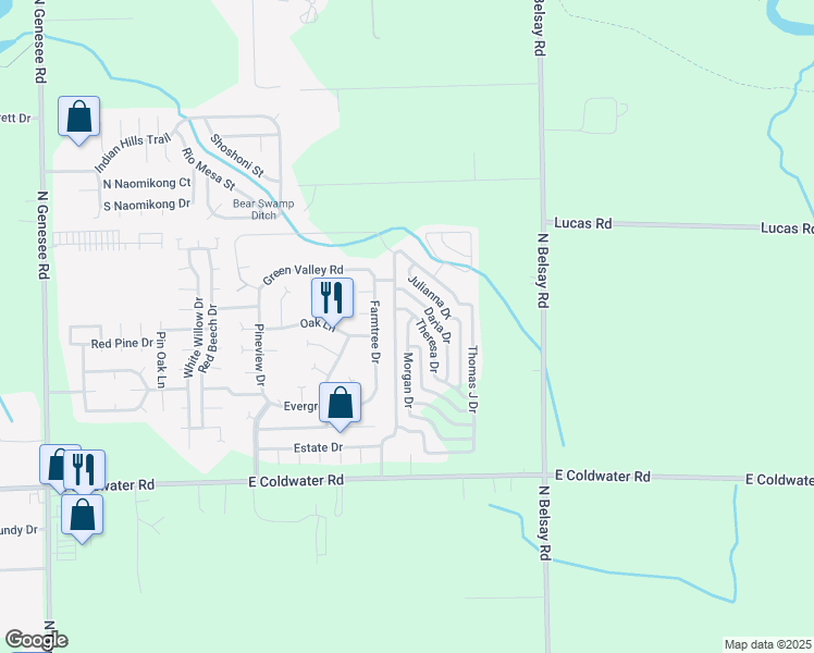 map of restaurants, bars, coffee shops, grocery stores, and more near 795 Morgan Drive in Flint