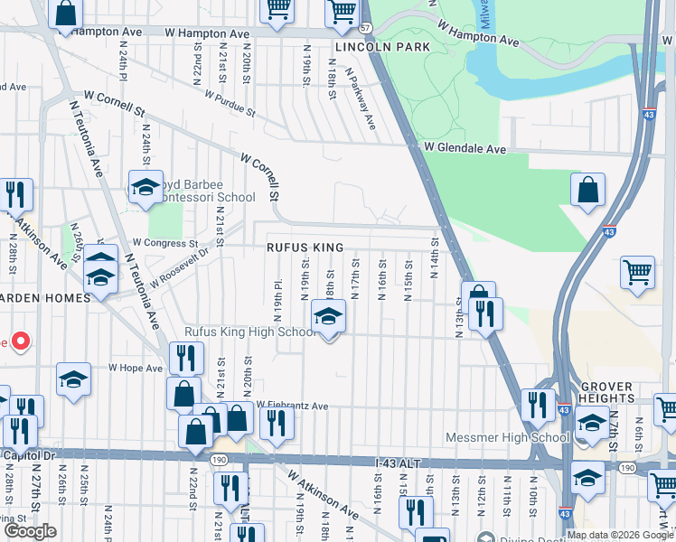 map of restaurants, bars, coffee shops, grocery stores, and more near 4357 North 18th Street in Milwaukee