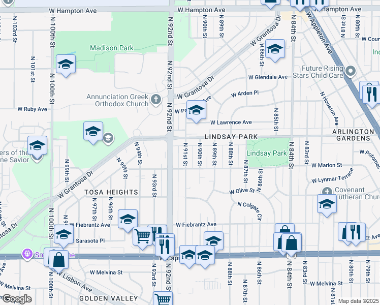 map of restaurants, bars, coffee shops, grocery stores, and more near 4362 North 91st Street in Milwaukee