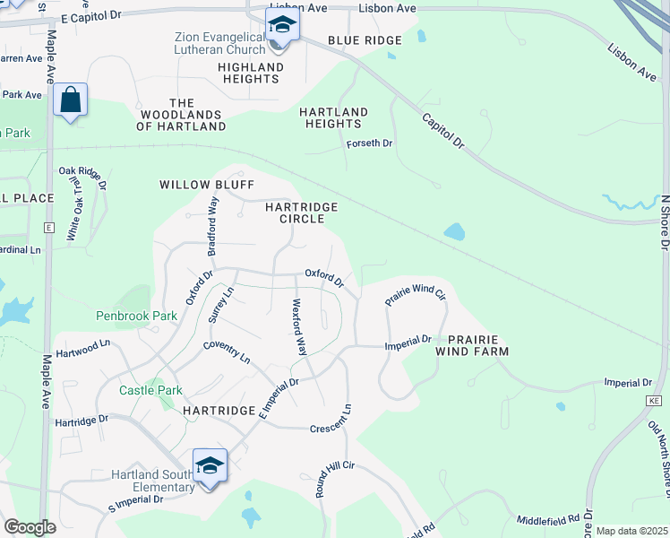 map of restaurants, bars, coffee shops, grocery stores, and more near 734 Mansfield Court in Hartland