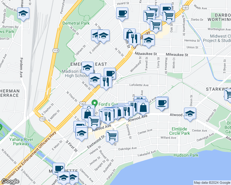 map of restaurants, bars, coffee shops, grocery stores, and more near 137 Division Street in Madison
