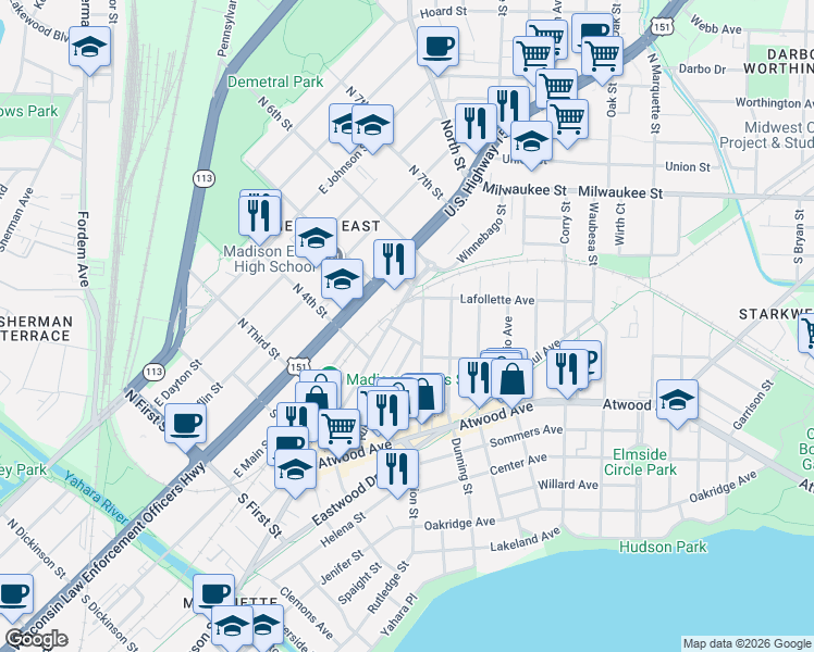 map of restaurants, bars, coffee shops, grocery stores, and more near 2236 Winnebago Street in Madison