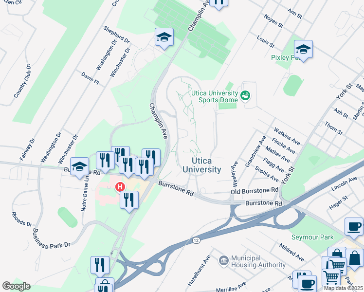 map of restaurants, bars, coffee shops, grocery stores, and more near 1600 Burrstone Road in Utica