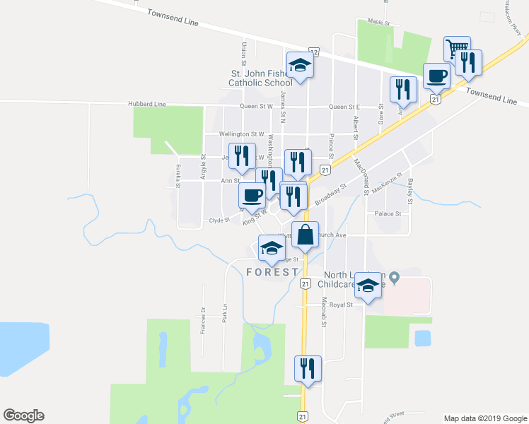 map of restaurants, bars, coffee shops, grocery stores, and more near 54 King Street West in Lambton Shores