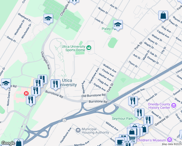 map of restaurants, bars, coffee shops, grocery stores, and more near 1628 Wesley Avenue in Utica
