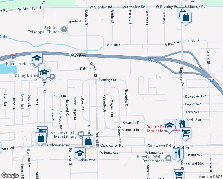map of restaurants, bars, coffee shops, grocery stores, and more near 6248 Cypress Drive in Mount Morris