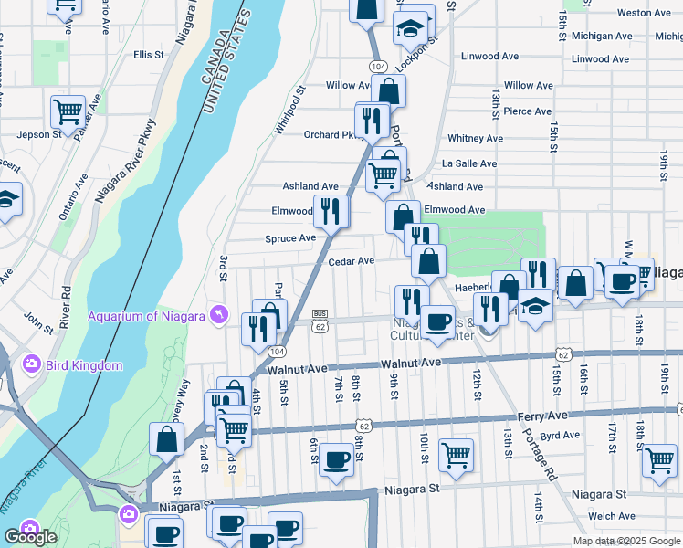 map of restaurants, bars, coffee shops, grocery stores, and more near 701 Cedar Avenue in Niagara Falls