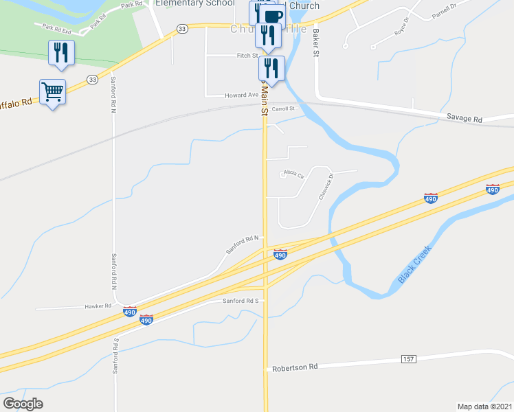 map of restaurants, bars, coffee shops, grocery stores, and more near 99 South Main Street in Churchville