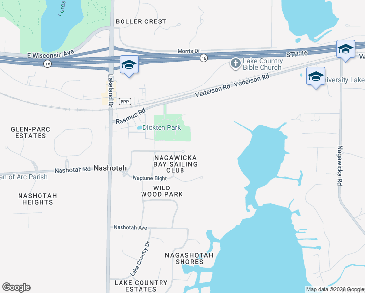 map of restaurants, bars, coffee shops, grocery stores, and more near N42W32684 Regatta Court in Nashotah