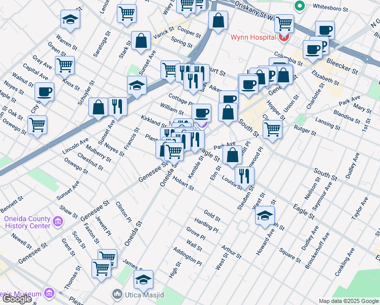 map of restaurants, bars, coffee shops, grocery stores, and more near 326 Genesee Street in Utica