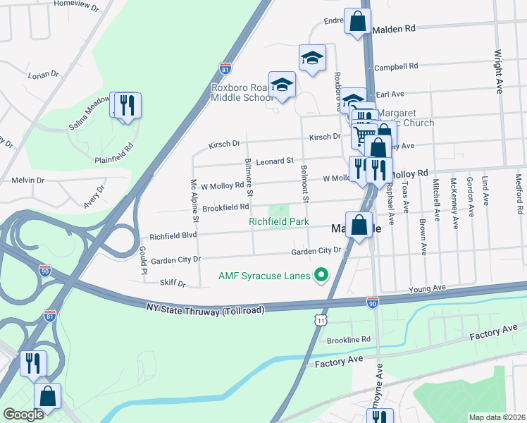 map of restaurants, bars, coffee shops, grocery stores, and more near 222 Brookfield Road in Syracuse