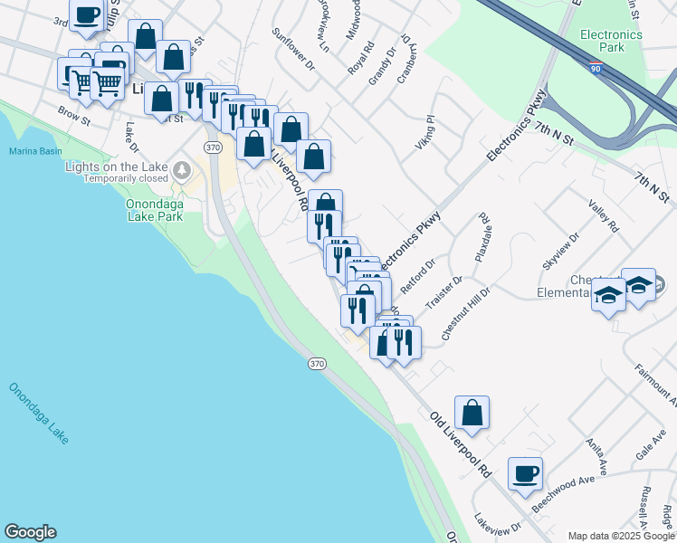 map of restaurants, bars, coffee shops, grocery stores, and more near 704 Old Liverpool Road in Liverpool