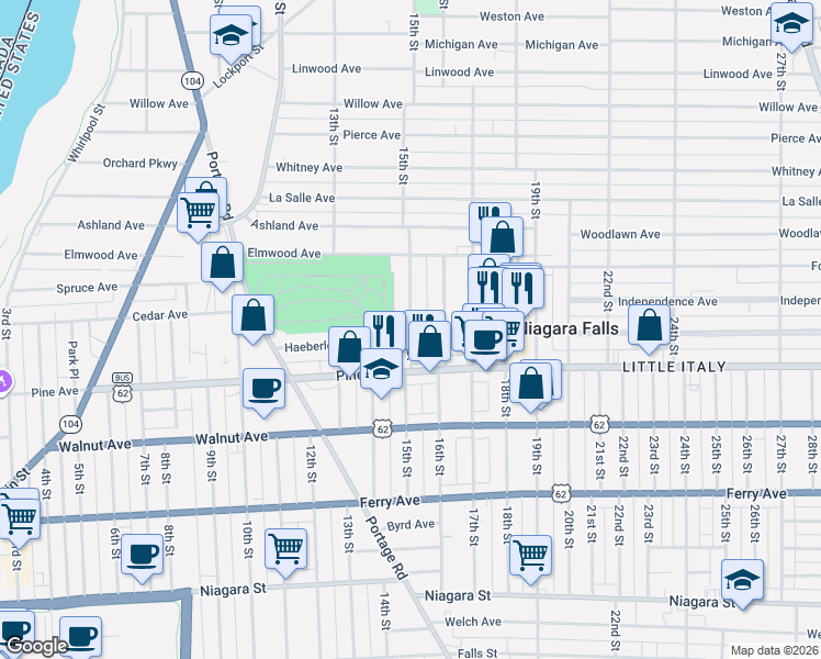 map of restaurants, bars, coffee shops, grocery stores, and more near 752 15th Street in Niagara Falls