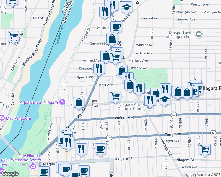 map of restaurants, bars, coffee shops, grocery stores, and more near 763 8th Street in Niagara Falls