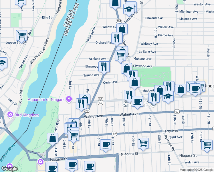 map of restaurants, bars, coffee shops, grocery stores, and more near 701 Cedar Avenue in Niagara Falls