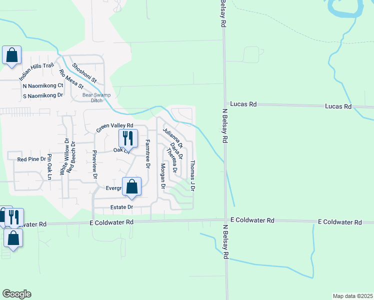 map of restaurants, bars, coffee shops, grocery stores, and more near 874 Julianna Drive in Flint