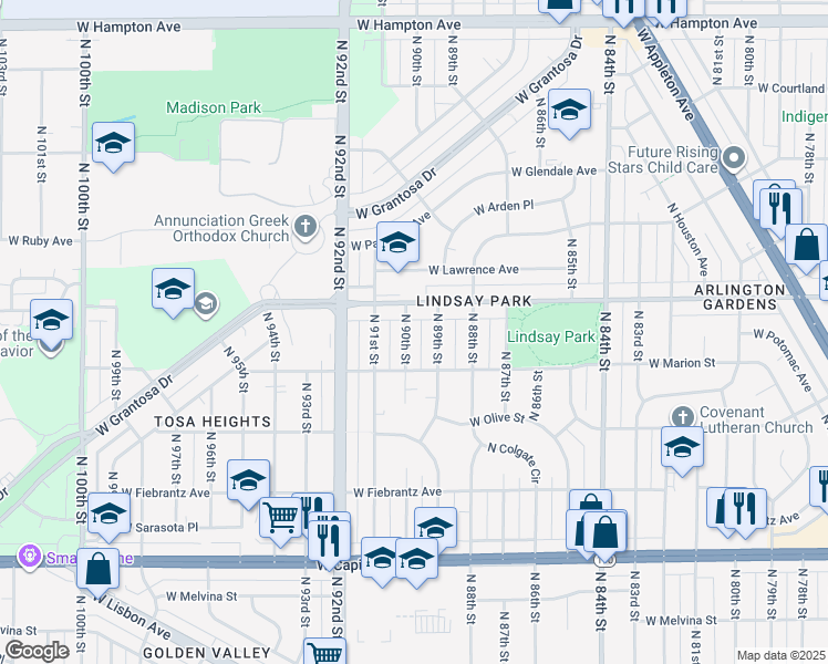 map of restaurants, bars, coffee shops, grocery stores, and more near 4361 North 89th Street in Milwaukee