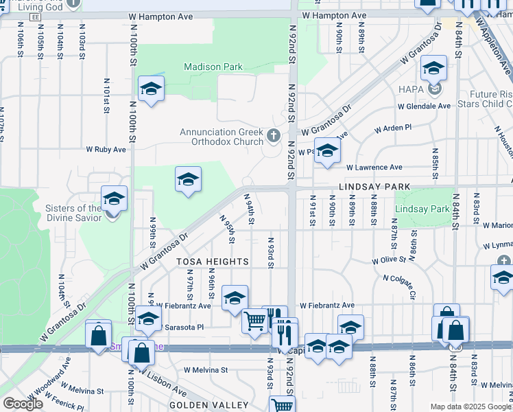 map of restaurants, bars, coffee shops, grocery stores, and more near 4352 North 94th Street in Wauwatosa