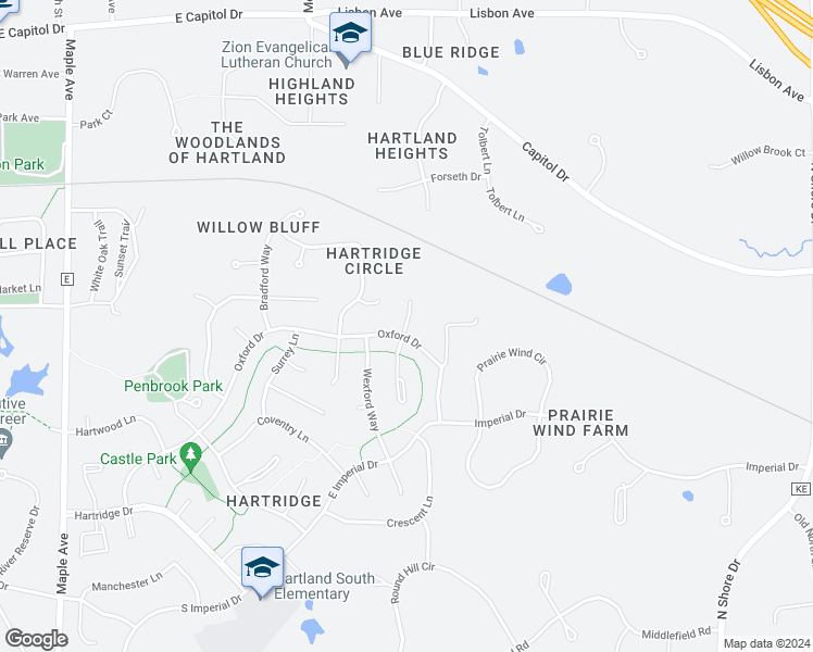 map of restaurants, bars, coffee shops, grocery stores, and more near 734 Mansfield Court in Hartland