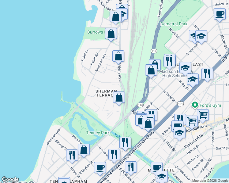 map of restaurants, bars, coffee shops, grocery stores, and more near 1810 Fordem Avenue in Madison