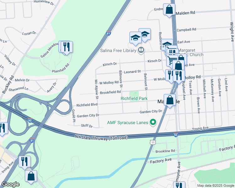 map of restaurants, bars, coffee shops, grocery stores, and more near 305 Brookfield Road in Syracuse