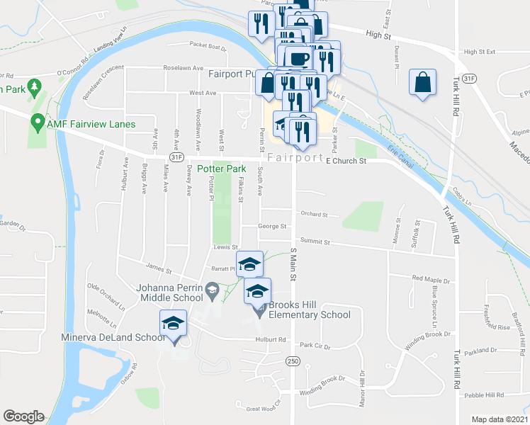 map of restaurants, bars, coffee shops, grocery stores, and more near 21 Clinton Place in Fairport