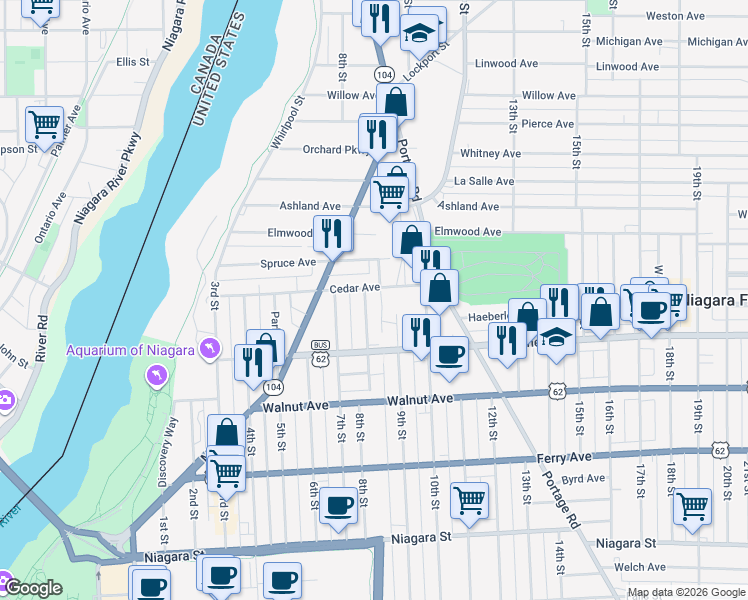 map of restaurants, bars, coffee shops, grocery stores, and more near 763 8th Street in Niagara Falls
