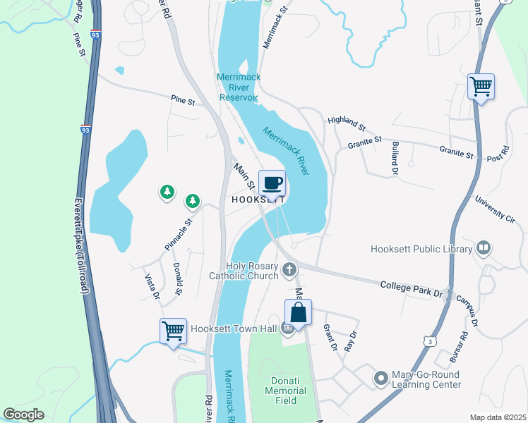 map of restaurants, bars, coffee shops, grocery stores, and more near 8 Riverside Street in Hooksett