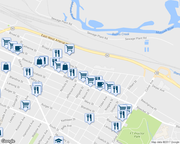 map of restaurants, bars, coffee shops, grocery stores, and more near 310 Milgate Street in Utica