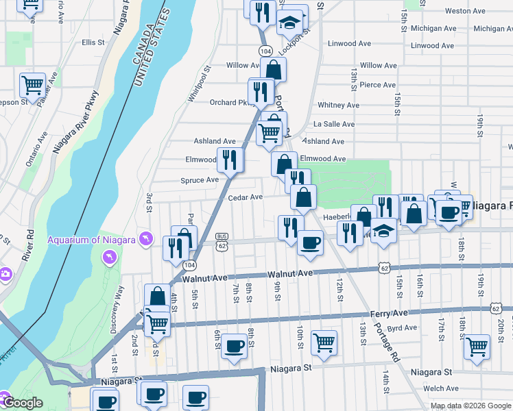 map of restaurants, bars, coffee shops, grocery stores, and more near 755 8th Street in Niagara Falls