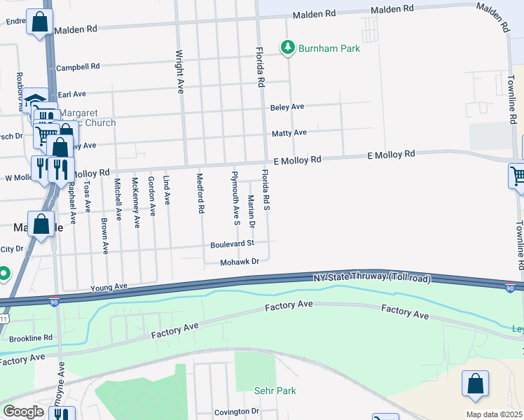 map of restaurants, bars, coffee shops, grocery stores, and more near 120 Florida Road South in Syracuse