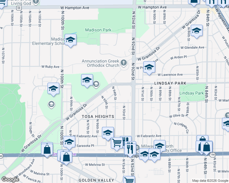 map of restaurants, bars, coffee shops, grocery stores, and more near 4340 North 94th Street in Wauwatosa