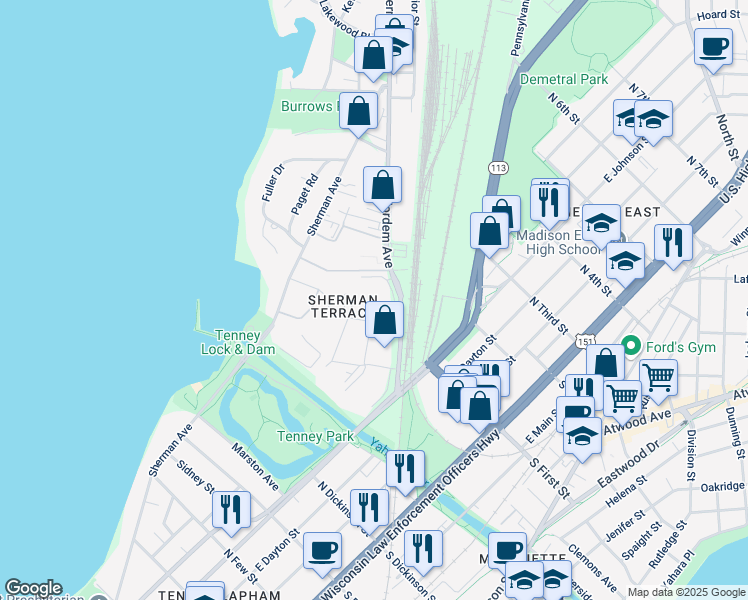 map of restaurants, bars, coffee shops, grocery stores, and more near 1818 Fordem Avenue in Madison