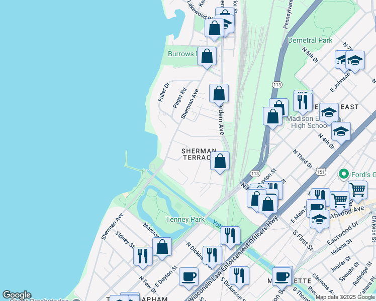 map of restaurants, bars, coffee shops, grocery stores, and more near 8 Sherman Terrace in Madison