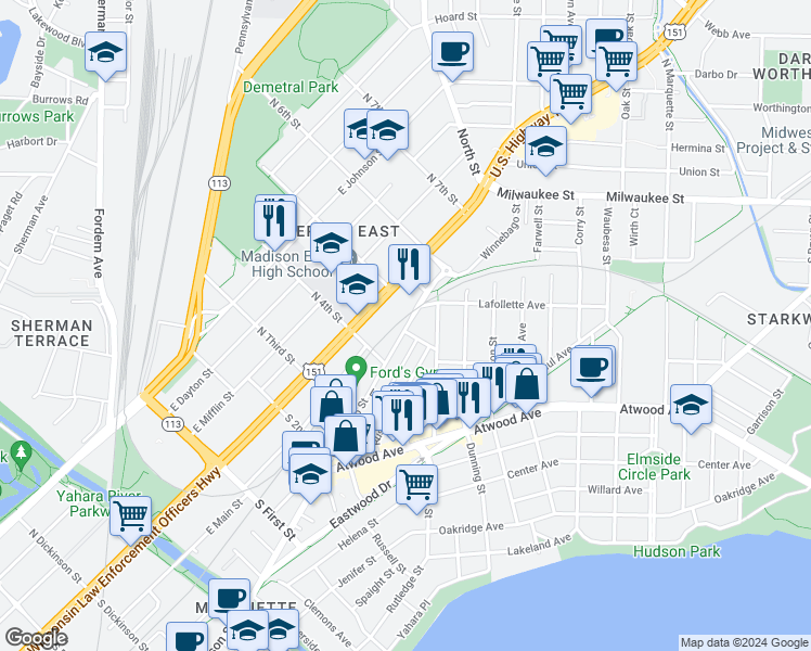 map of restaurants, bars, coffee shops, grocery stores, and more near 2236 Winnebago St in Madison