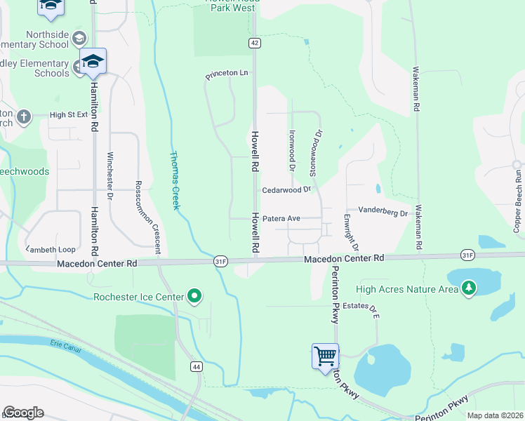 map of restaurants, bars, coffee shops, grocery stores, and more near 294 Howell Road in Fairport