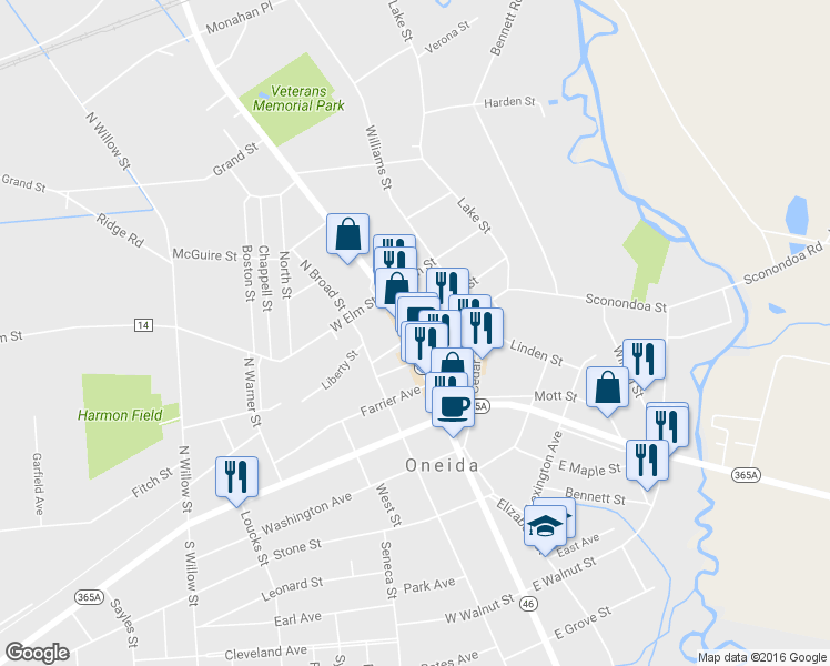map of restaurants, bars, coffee shops, grocery stores, and more near Oneida Street in Oneida