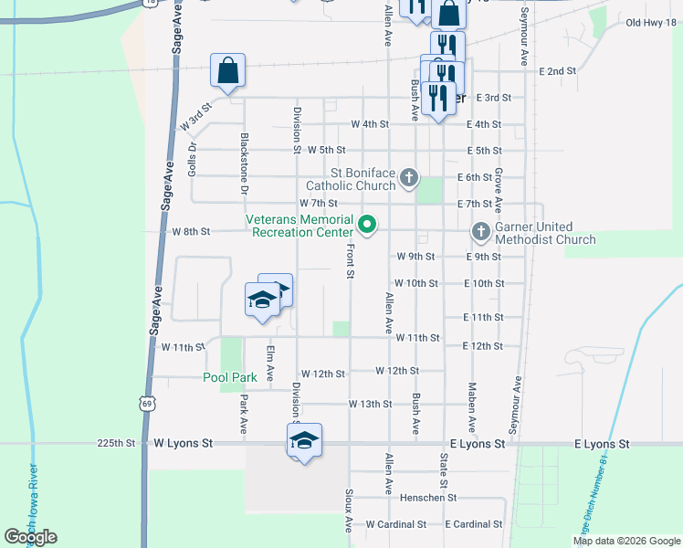 map of restaurants, bars, coffee shops, grocery stores, and more near 400-416 West 9th Street in Garner