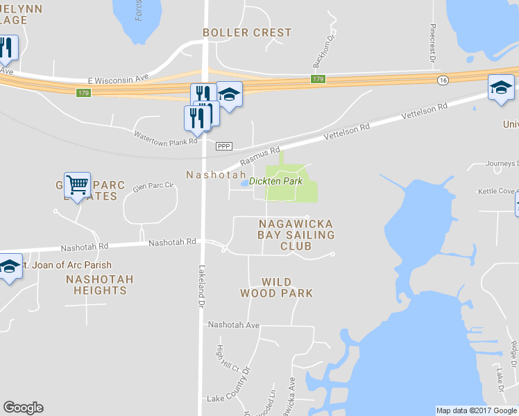 map of restaurants, bars, coffee shops, grocery stores, and more near N42W32818 Mooring Line Drive in Nashotah