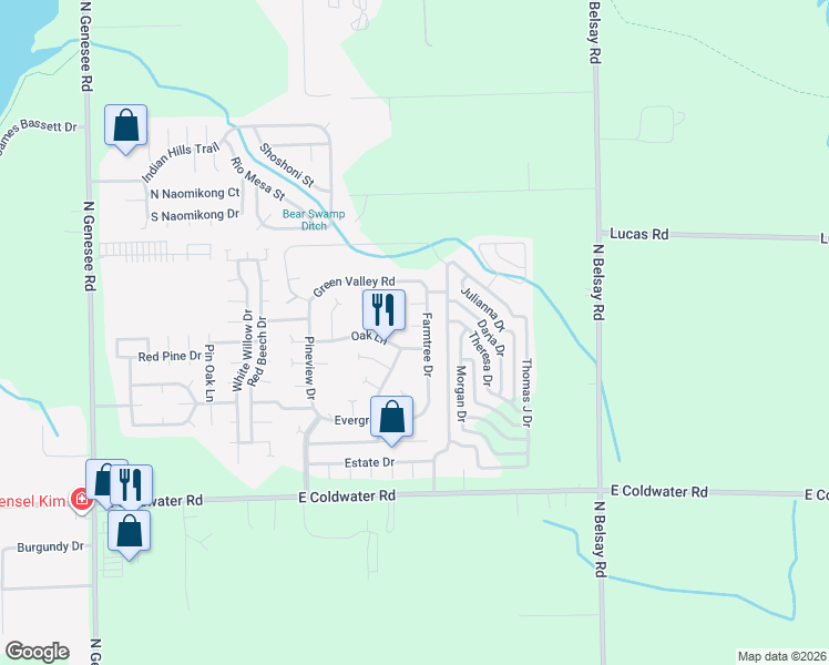 map of restaurants, bars, coffee shops, grocery stores, and more near 276 Pineshoot Court in Flint