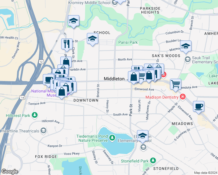 map of restaurants, bars, coffee shops, grocery stores, and more near 7216 Elmwood Avenue in Middleton