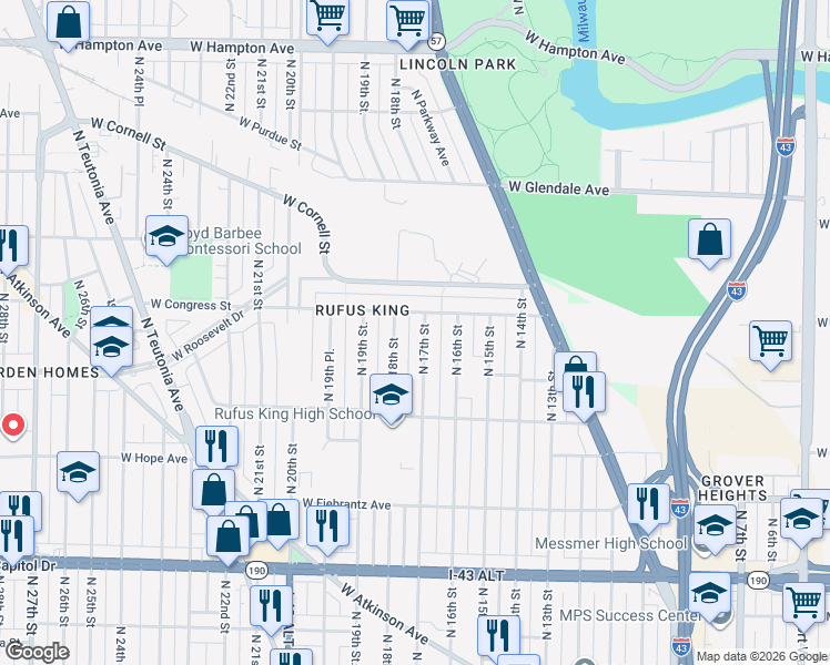 map of restaurants, bars, coffee shops, grocery stores, and more near 4368A North 17th Street in Milwaukee