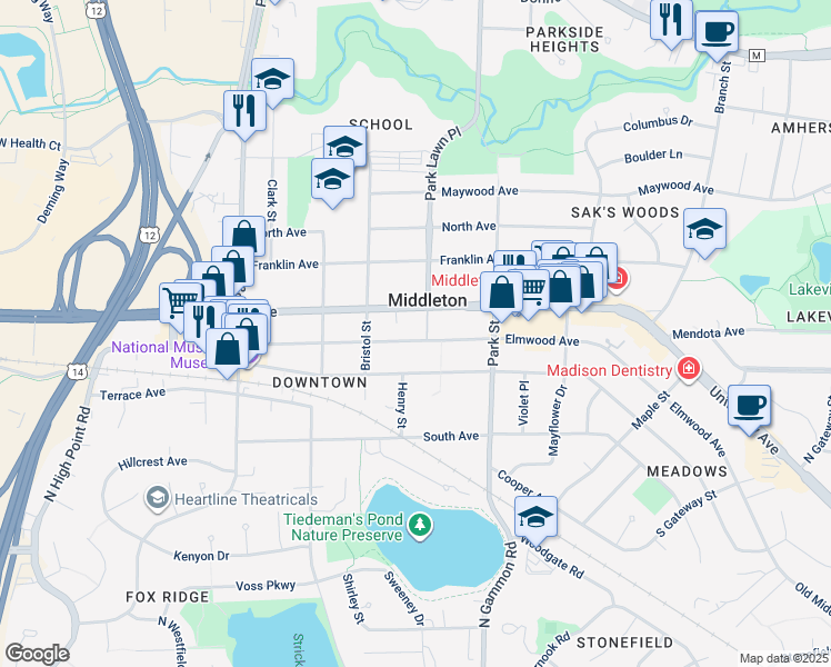 map of restaurants, bars, coffee shops, grocery stores, and more near 7208 Elmwood Avenue in Middleton