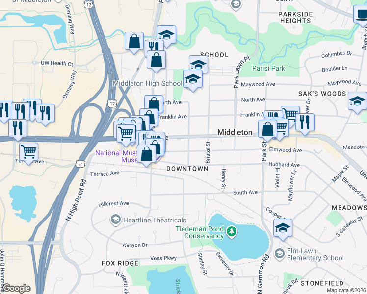 map of restaurants, bars, coffee shops, grocery stores, and more near 7421 University Avenue in Middleton