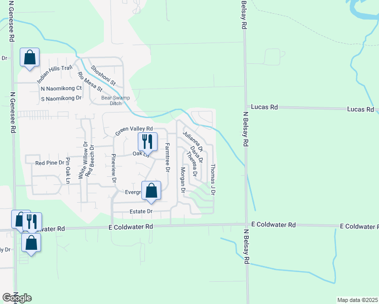 map of restaurants, bars, coffee shops, grocery stores, and more near 795 Morgan Drive in Flint