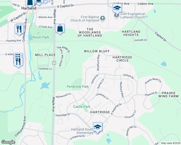 map of restaurants, bars, coffee shops, grocery stores, and more near 774 Kingston Court in Hartland