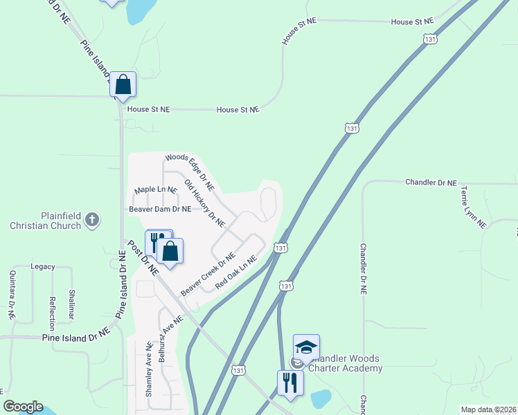 map of restaurants, bars, coffee shops, grocery stores, and more near 7382 Willowwood Drive Northeast in Kent County