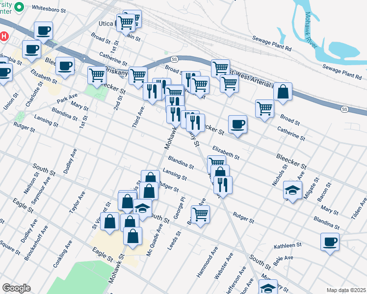 map of restaurants, bars, coffee shops, grocery stores, and more near 721 Mary Street in Utica
