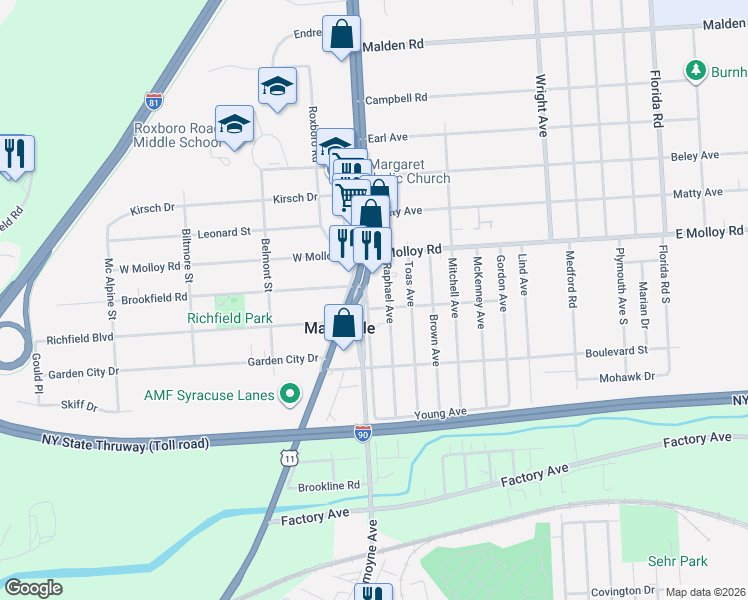 map of restaurants, bars, coffee shops, grocery stores, and more near 122 Raphael Avenue in Syracuse
