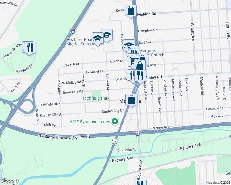 map of restaurants, bars, coffee shops, grocery stores, and more near 123 Brookfield Road in Syracuse